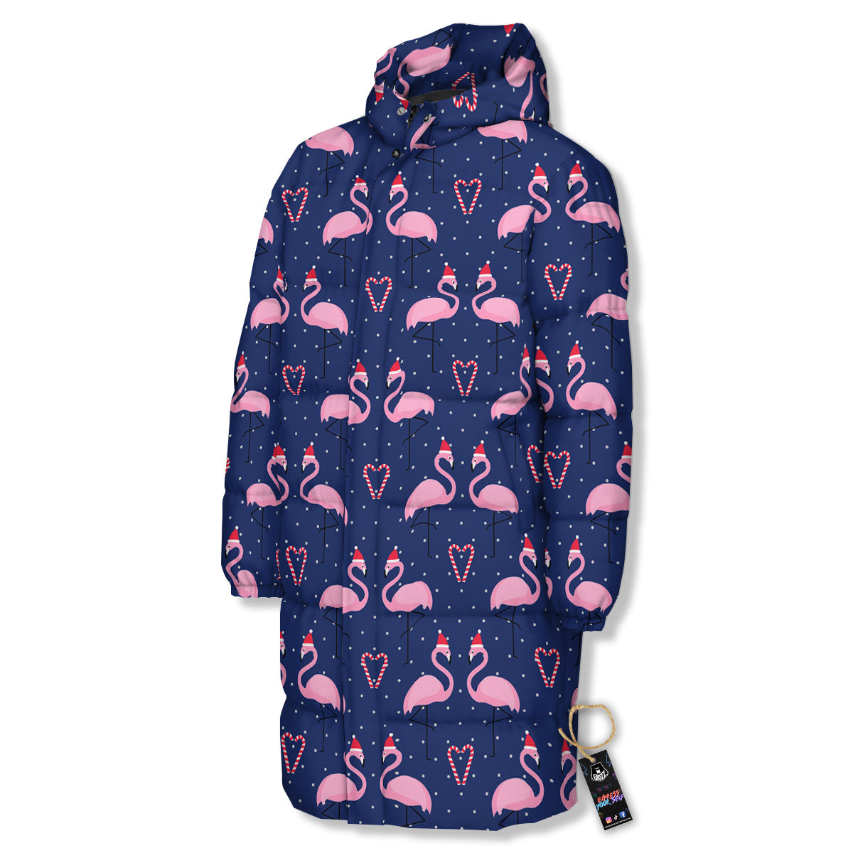 Flamingo Christmas Snowy Print Pattern Long Down Jacket