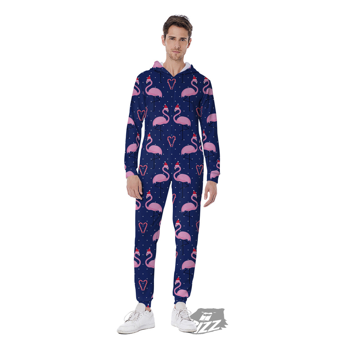 Flamingo Christmas Snowy Print Pattern Men's Jumpsuit-grizzshop