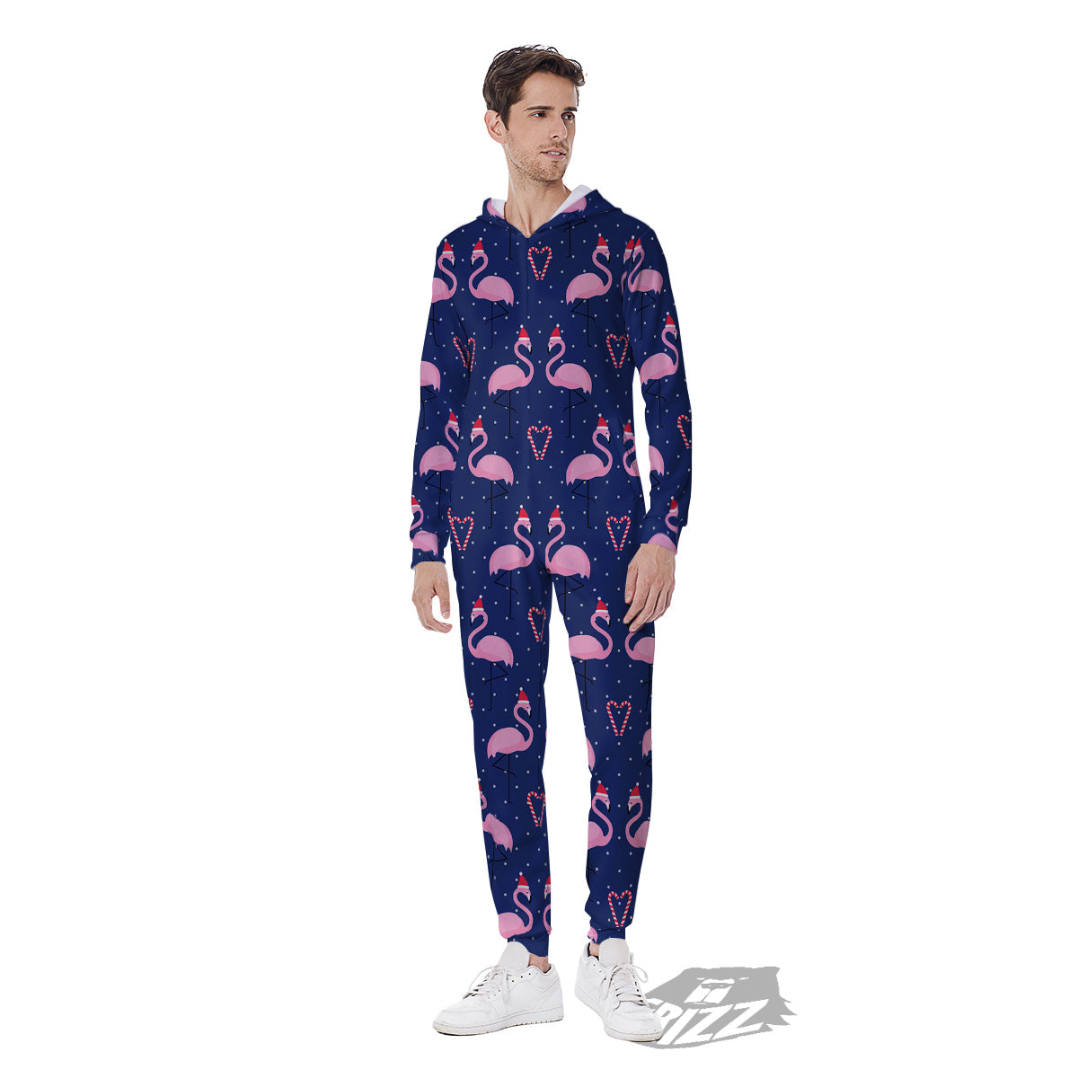 Flamingo Christmas Snowy Print Pattern Men's Jumpsuit-grizzshop