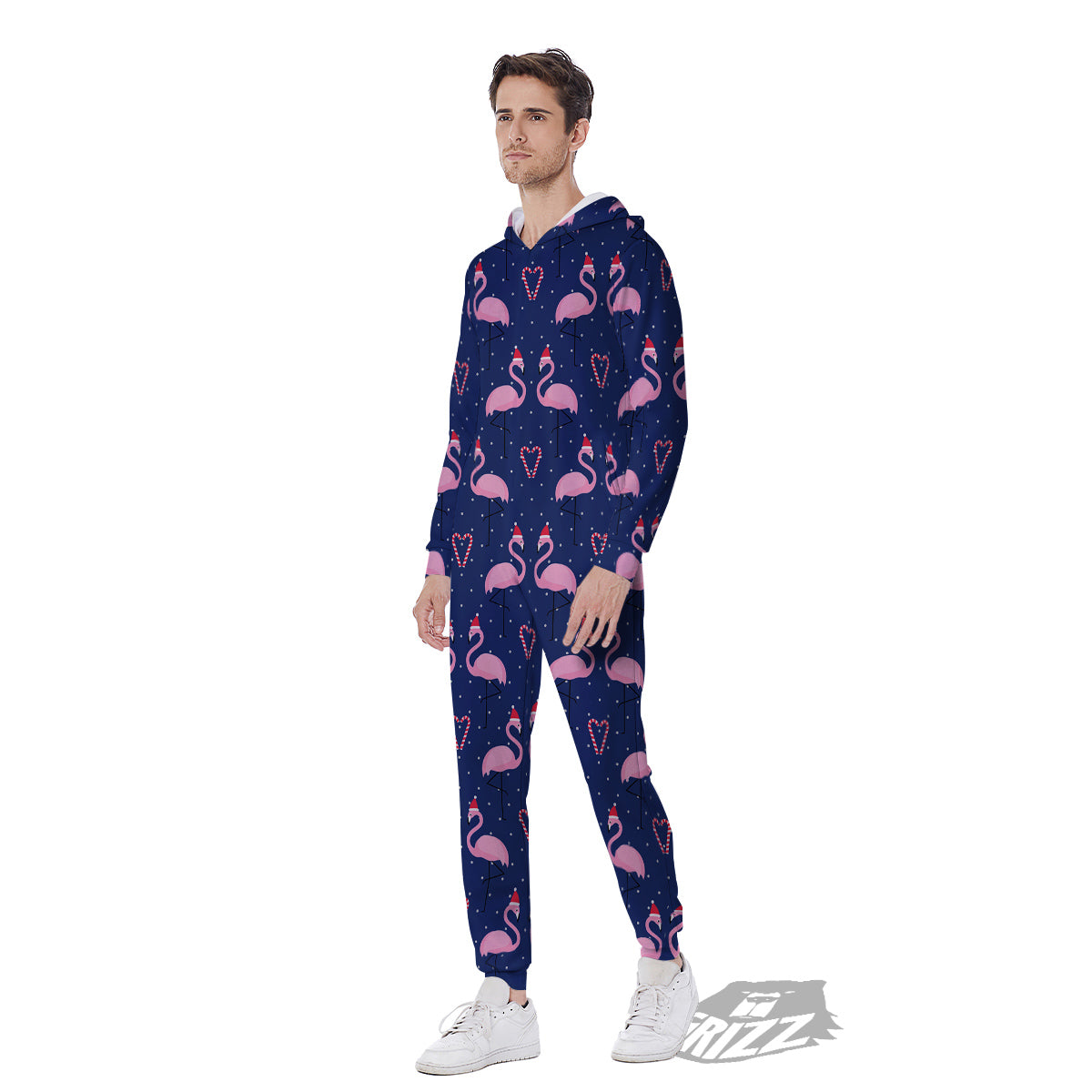 Flamingo Christmas Snowy Print Pattern Men's Jumpsuit-grizzshop