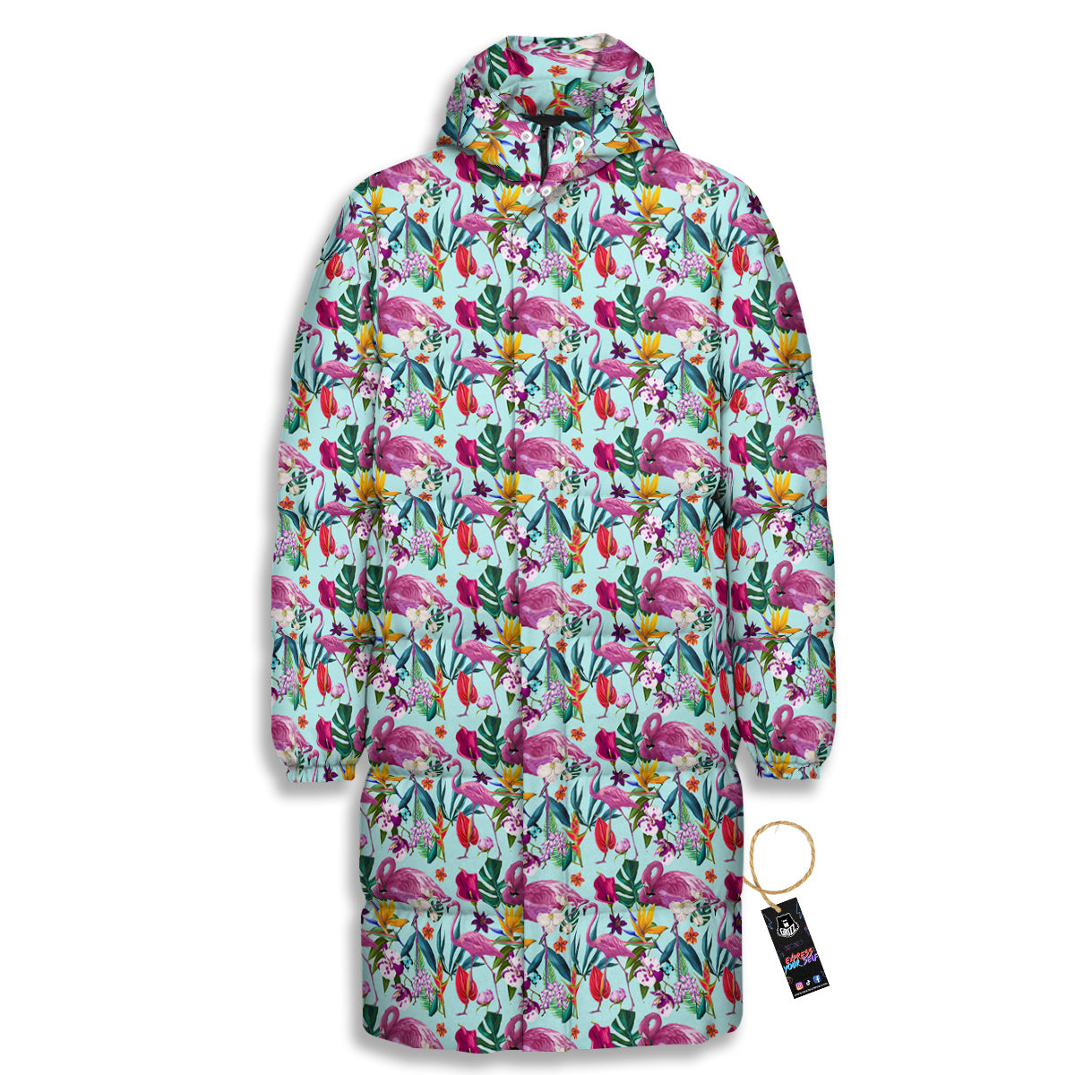 Flamingo Tropical Colorful Print Long Down Jacket