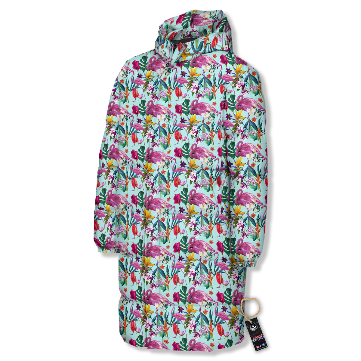 Flamingo Tropical Colorful Print Long Down Jacket