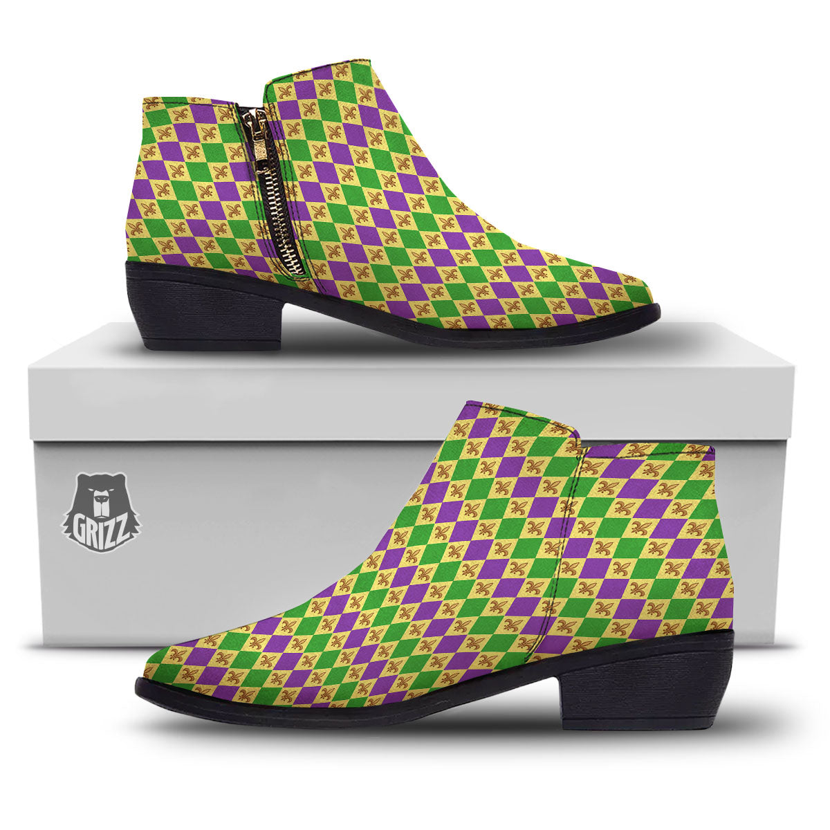 Fleur De Lis Mardi Gras Print Pattern Ankle Boots-grizzshop