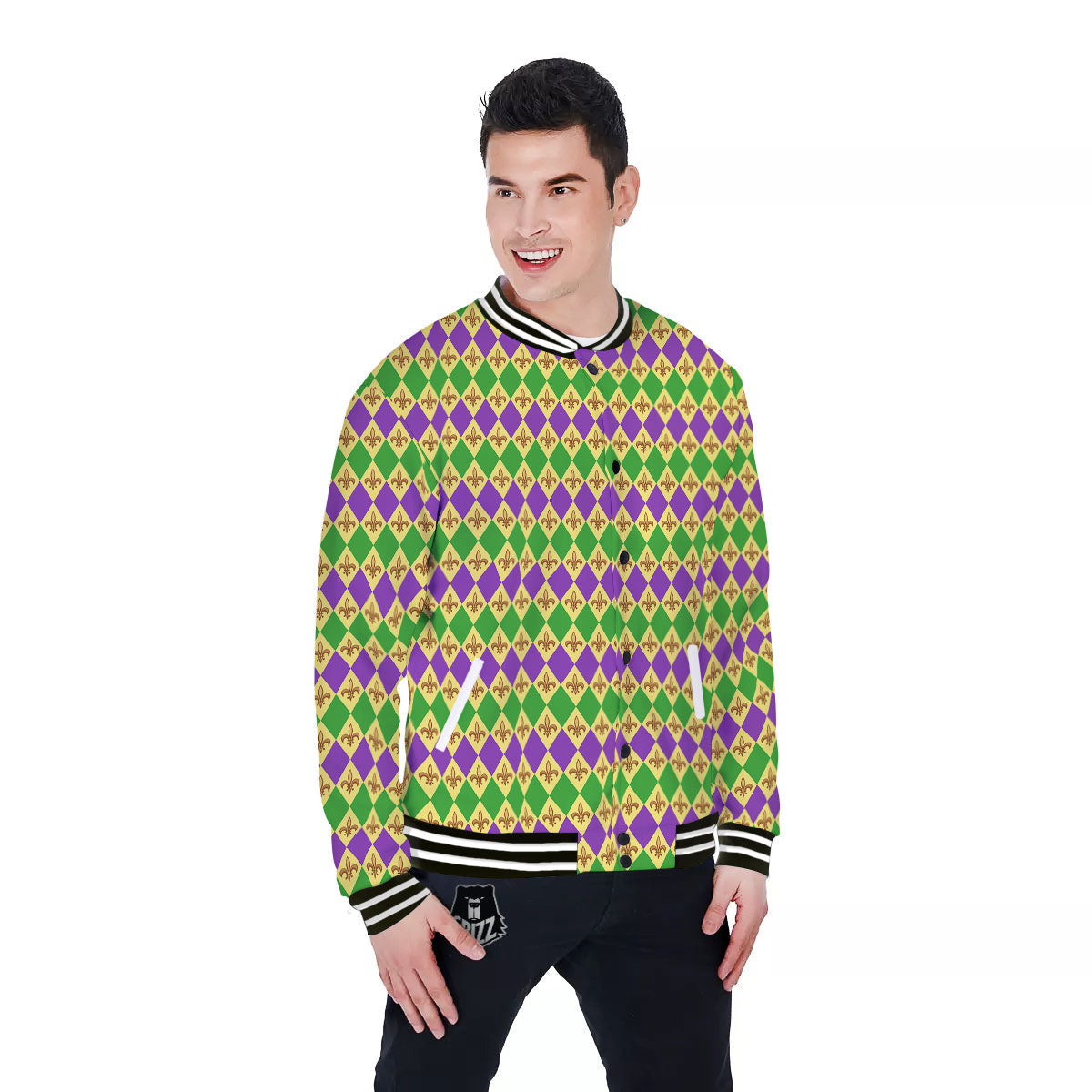 Fleur De Lis Mardi Gras Print Pattern Baseball Jacket-grizzshop