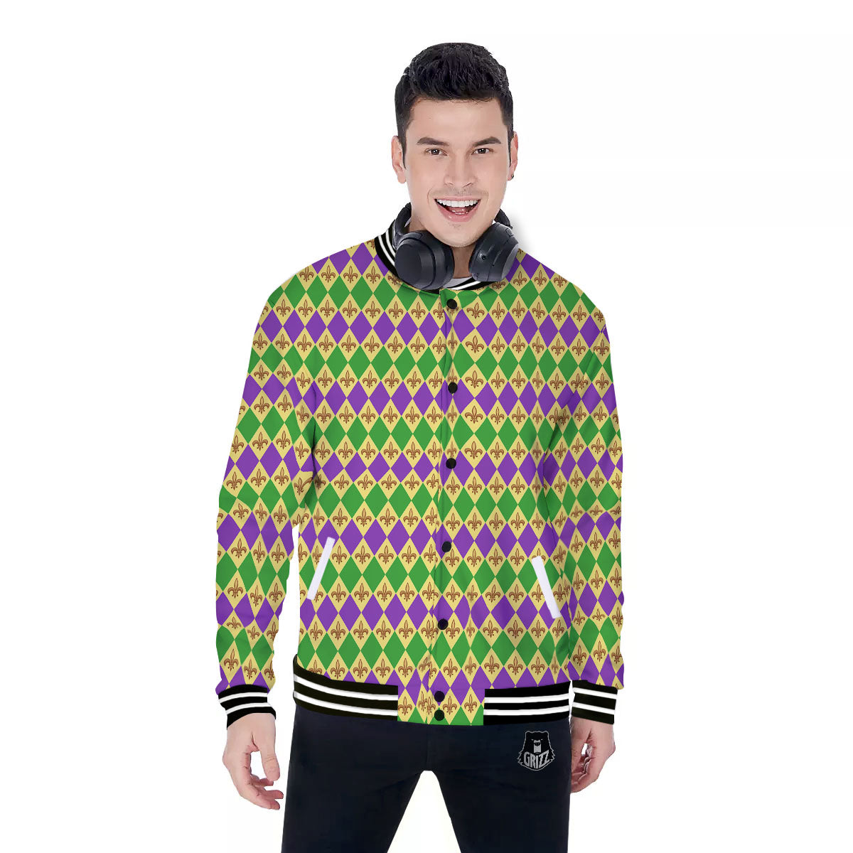 Fleur De Lis Mardi Gras Print Pattern Baseball Jacket-grizzshop