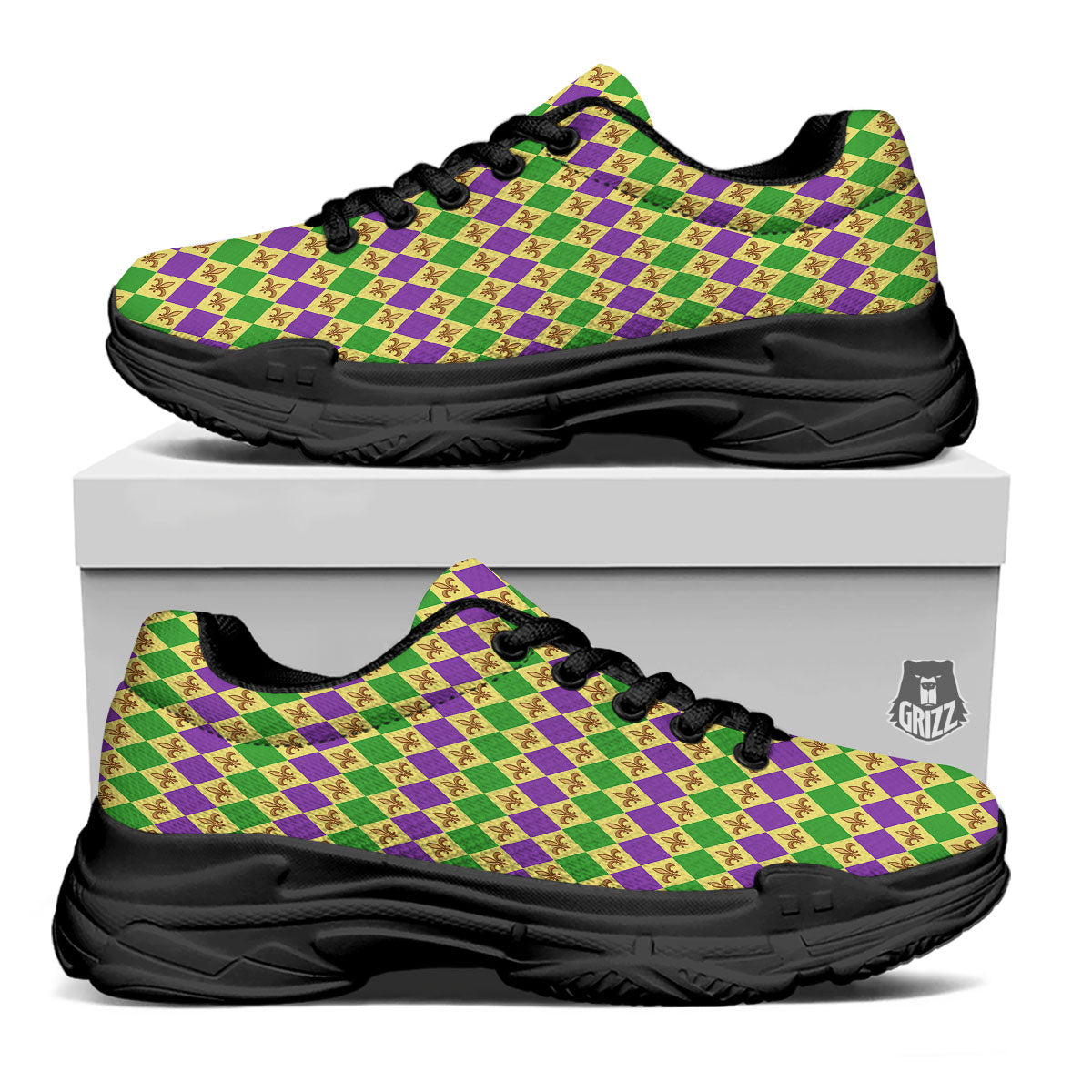 Fleur De Lis Mardi Gras Print Pattern Black Chunky Shoes-grizzshop