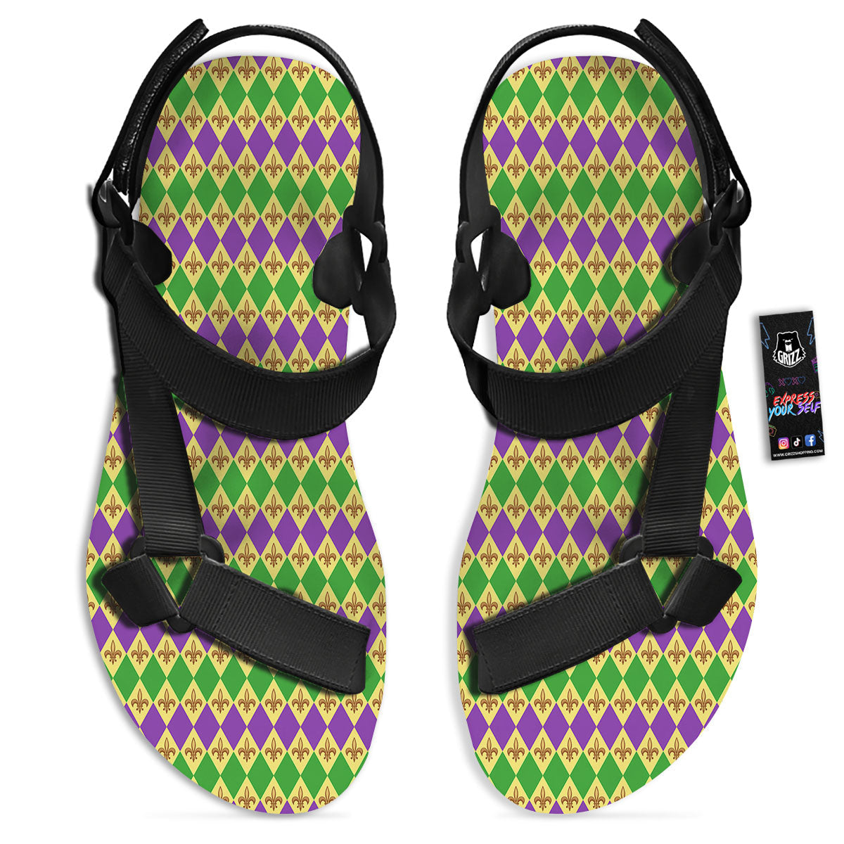 Fleur De Lis Mardi Gras Print Pattern Black Open Toe Sandals-grizzshop