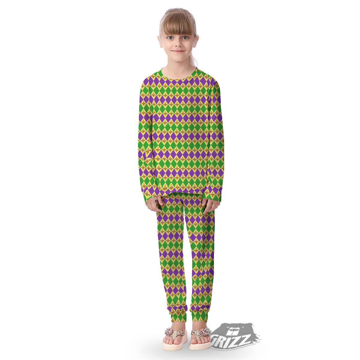 Fleur De Lis Mardi Gras Print Pattern Kid's Pajamas-grizzshop