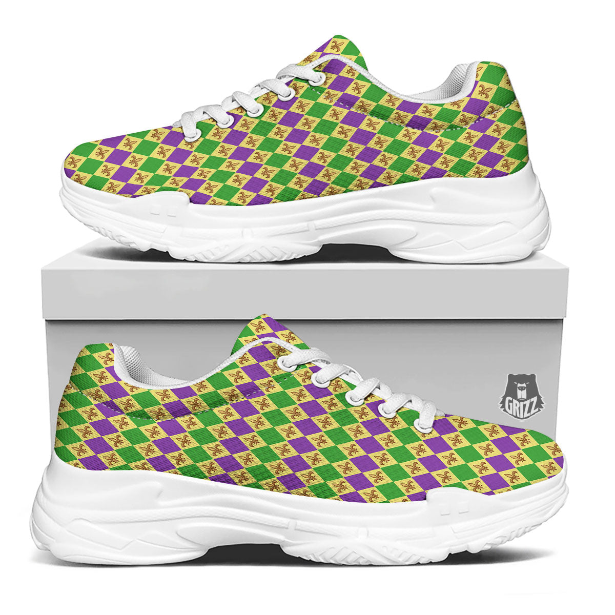 Fleur De Lis Mardi Gras Print Pattern White Chunky Shoes-grizzshop