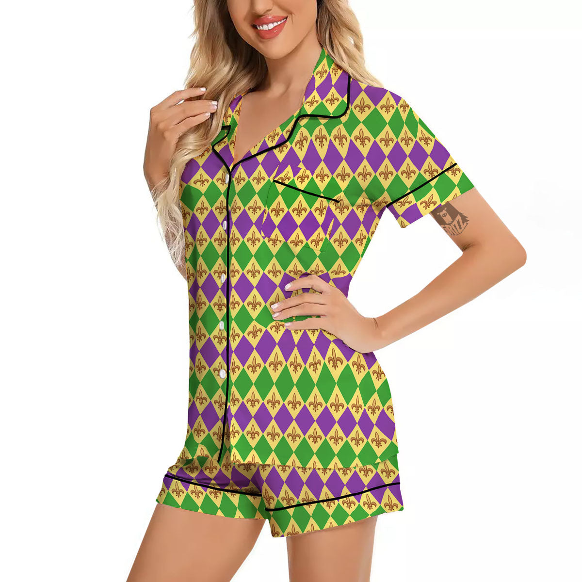 Fleur De Lis Mardi Gras Print Pattern Women Silk Pajamas-grizzshop