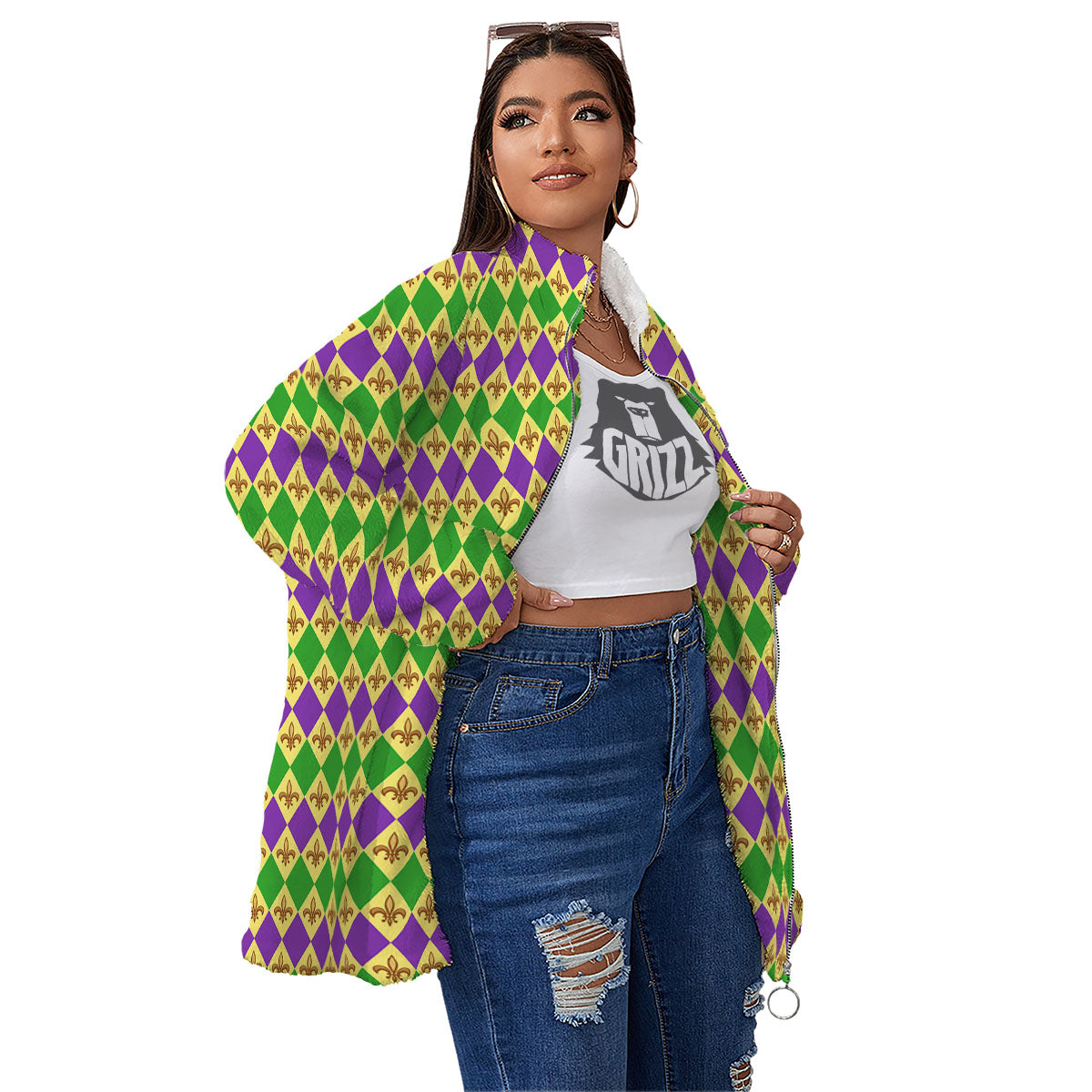 Fleur De Lis Mardi Gras Print Pattern Women's Sherpa Jacket-grizzshop