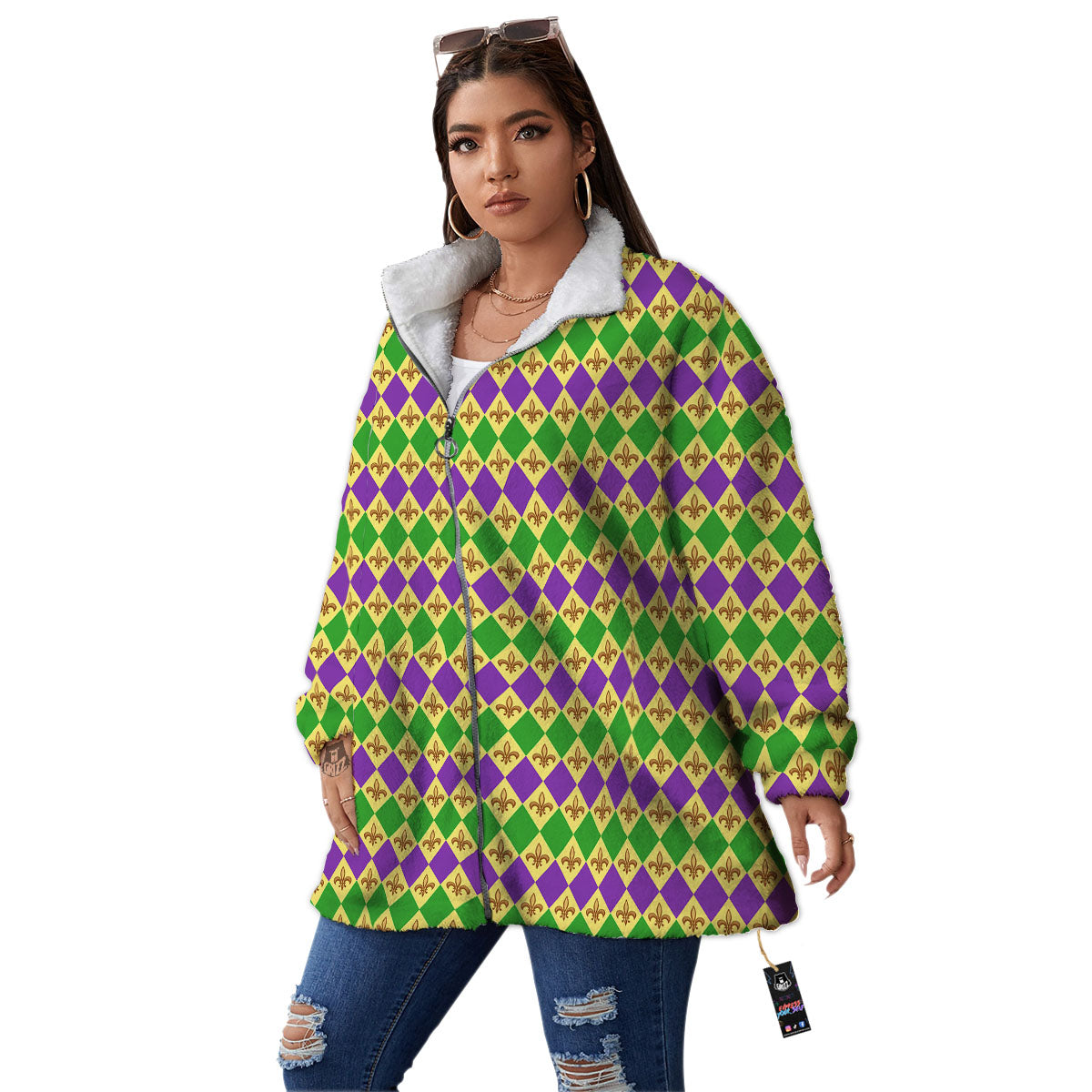 Fleur De Lis Mardi Gras Print Pattern Women's Sherpa Jacket-grizzshop