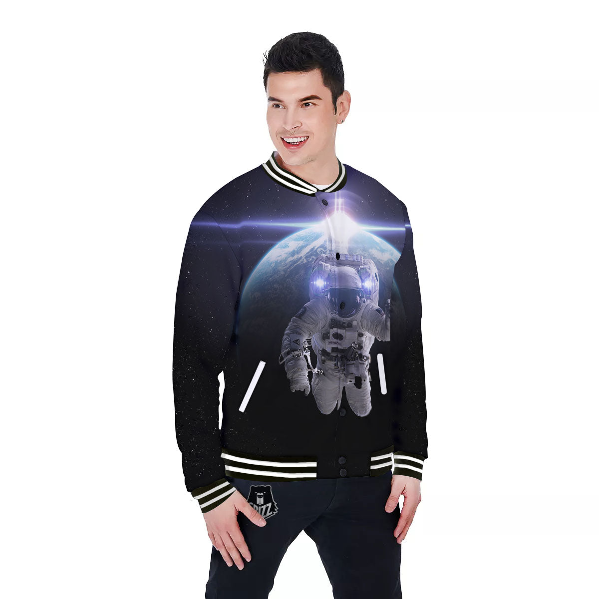 Floating Astronaut In Outer Space Print Baseball Jacket-grizzshop