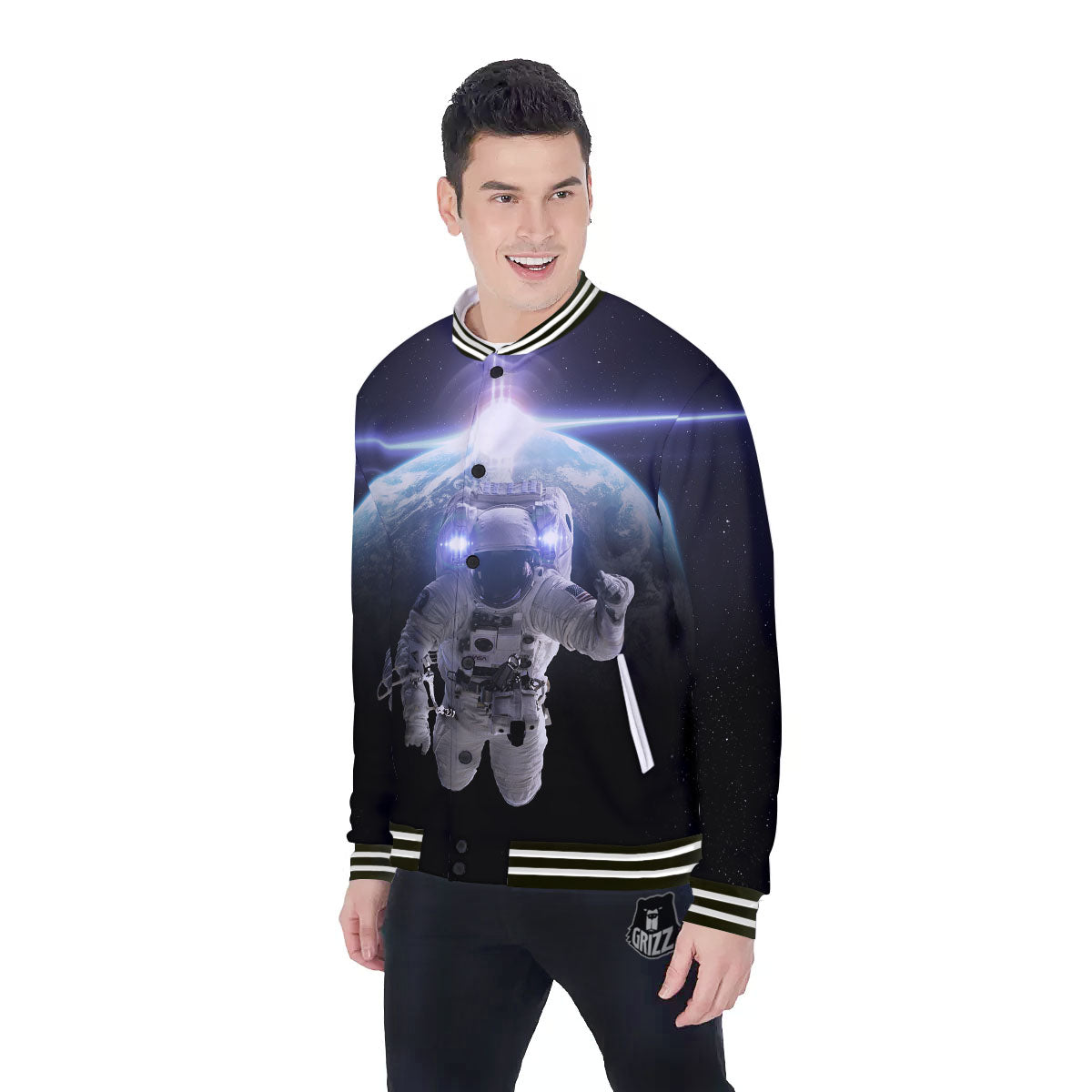 Floating Astronaut In Outer Space Print Baseball Jacket-grizzshop
