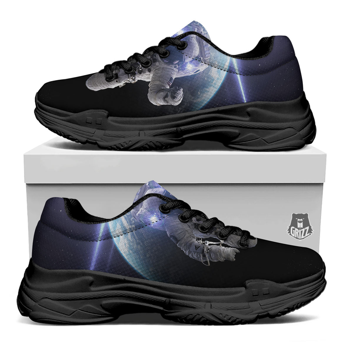 Floating Astronaut In Outer Space Print Black Chunky Shoes-grizzshop