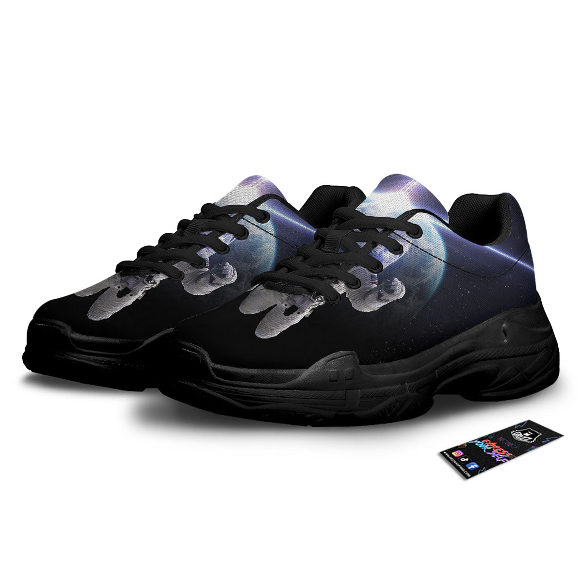 Floating Astronaut In Outer Space Print Black Chunky Shoes-grizzshop