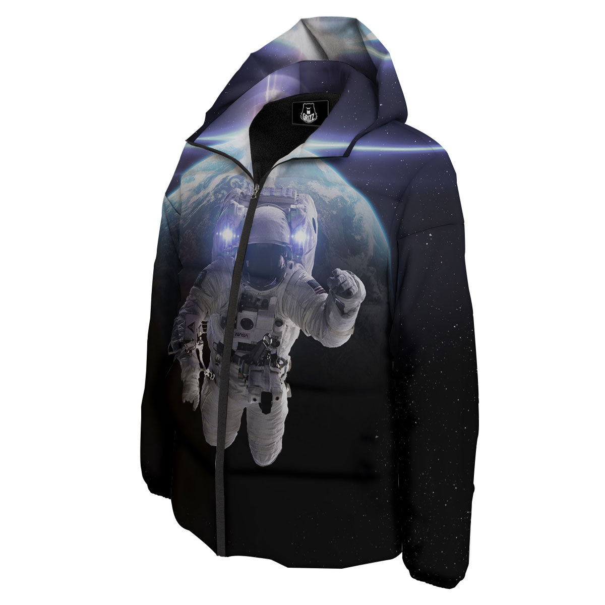 Floating Astronaut In Outer Space Print Down Jacket-grizzshop