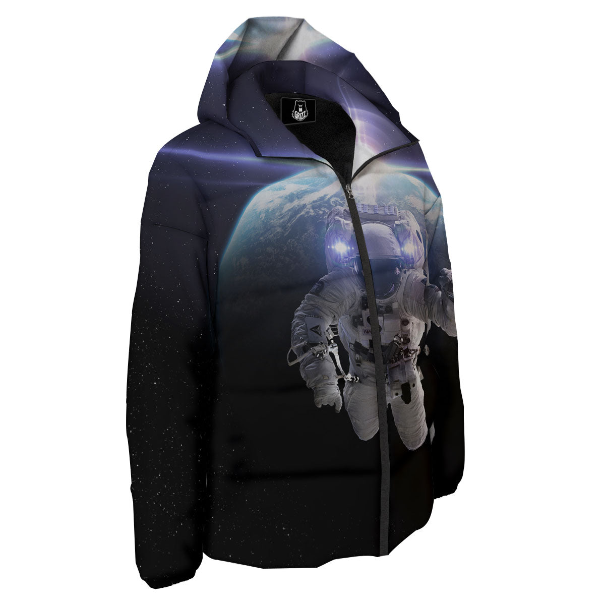 Floating Astronaut In Outer Space Print Down Jacket-grizzshop