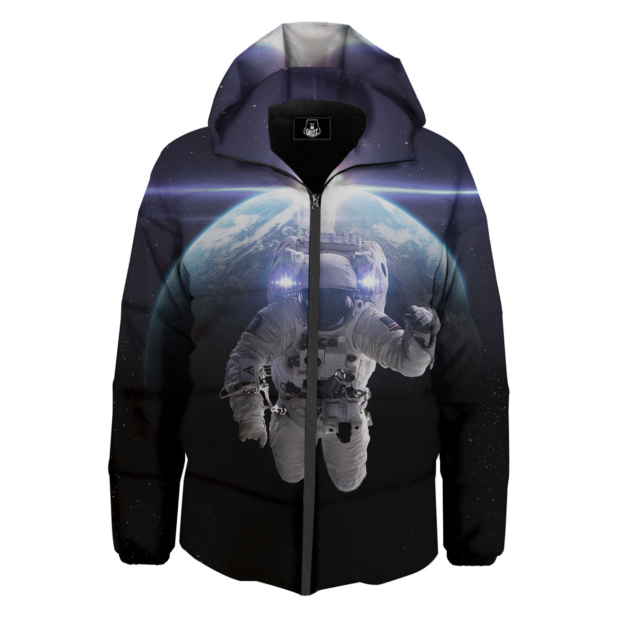 Floating Astronaut In Outer Space Print Down Jacket-grizzshop