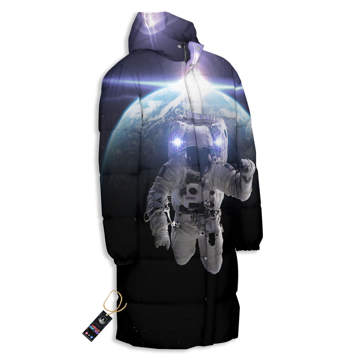 Floating Astronaut In Outer Space Print Long Down Jacket-grizzshop