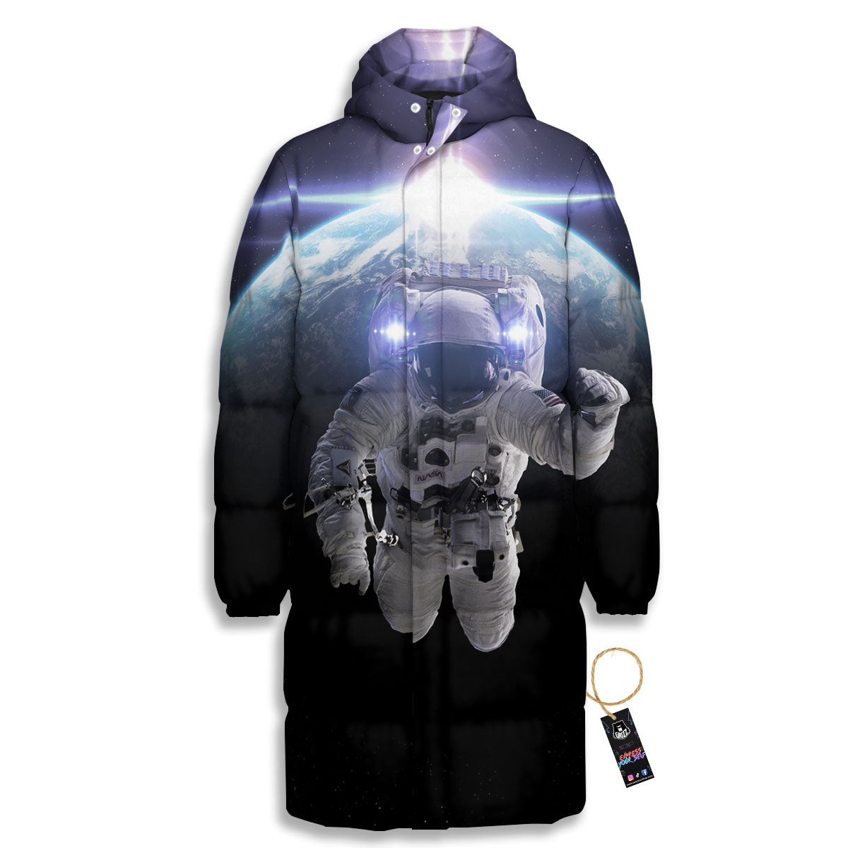 Floating Astronaut In Outer Space Print Long Down Jacket-grizzshop