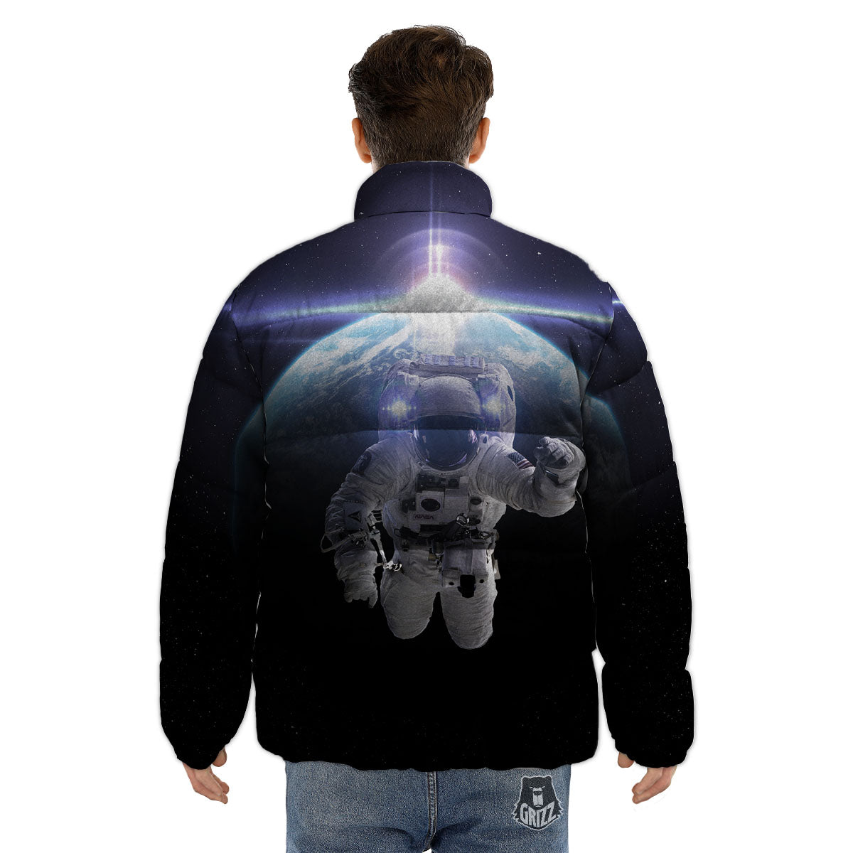 Floating Astronaut In Outer Space Print Puffer Jacket-grizzshop
