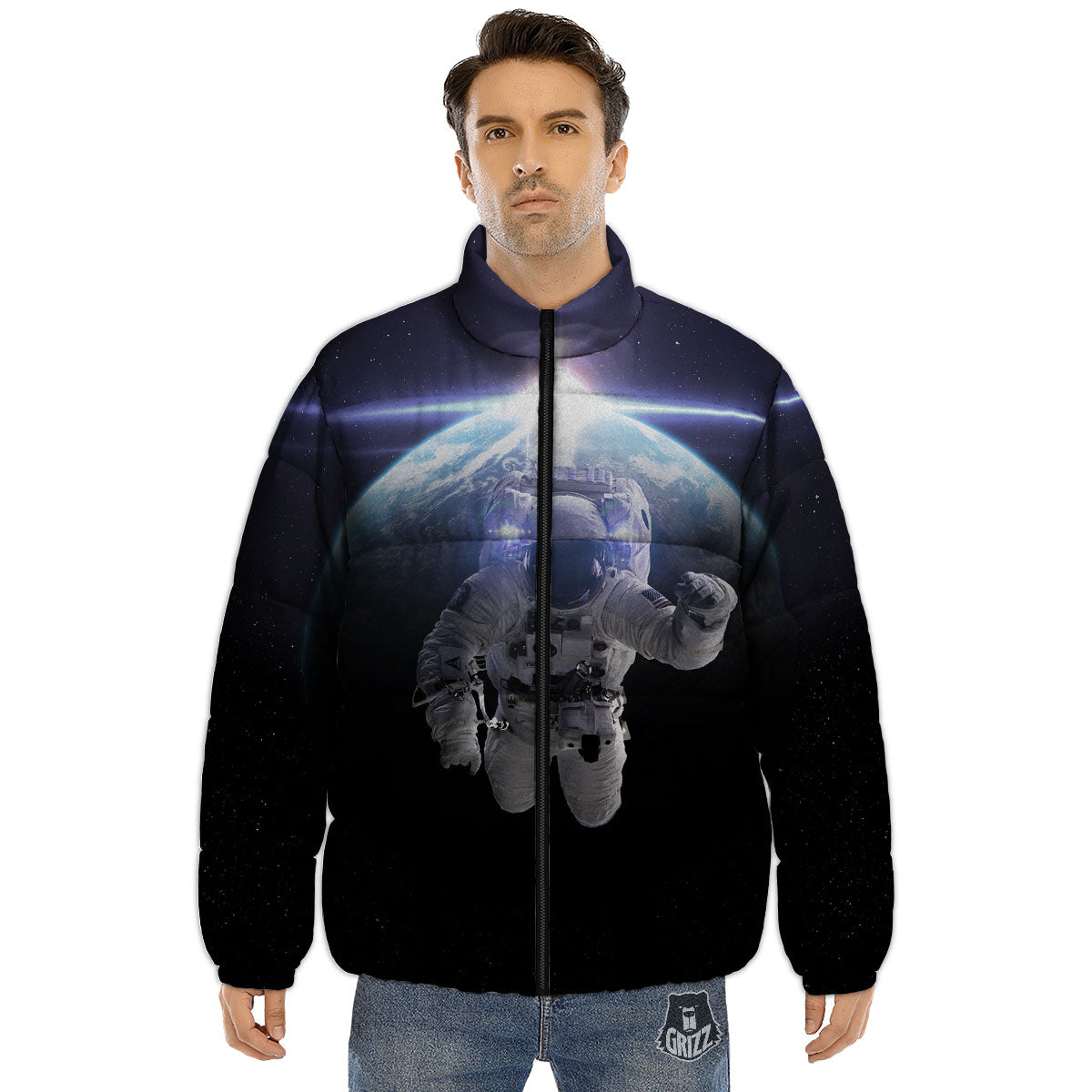 Floating Astronaut In Outer Space Print Puffer Jacket-grizzshop