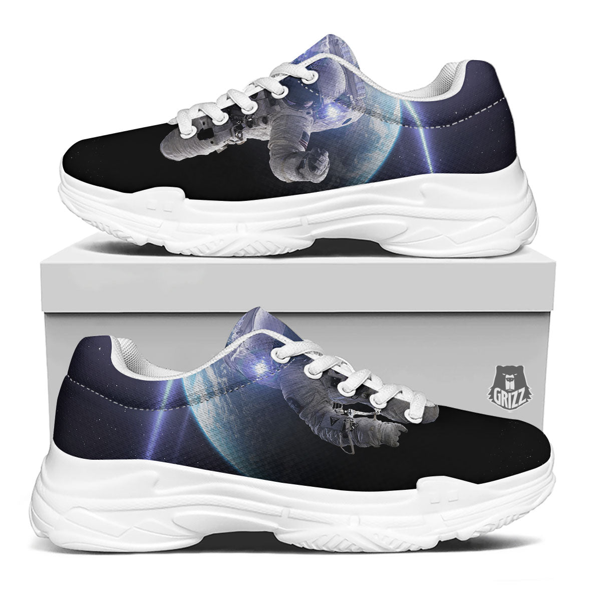 Floating Astronaut In Outer Space Print White Chunky Shoes-grizzshop