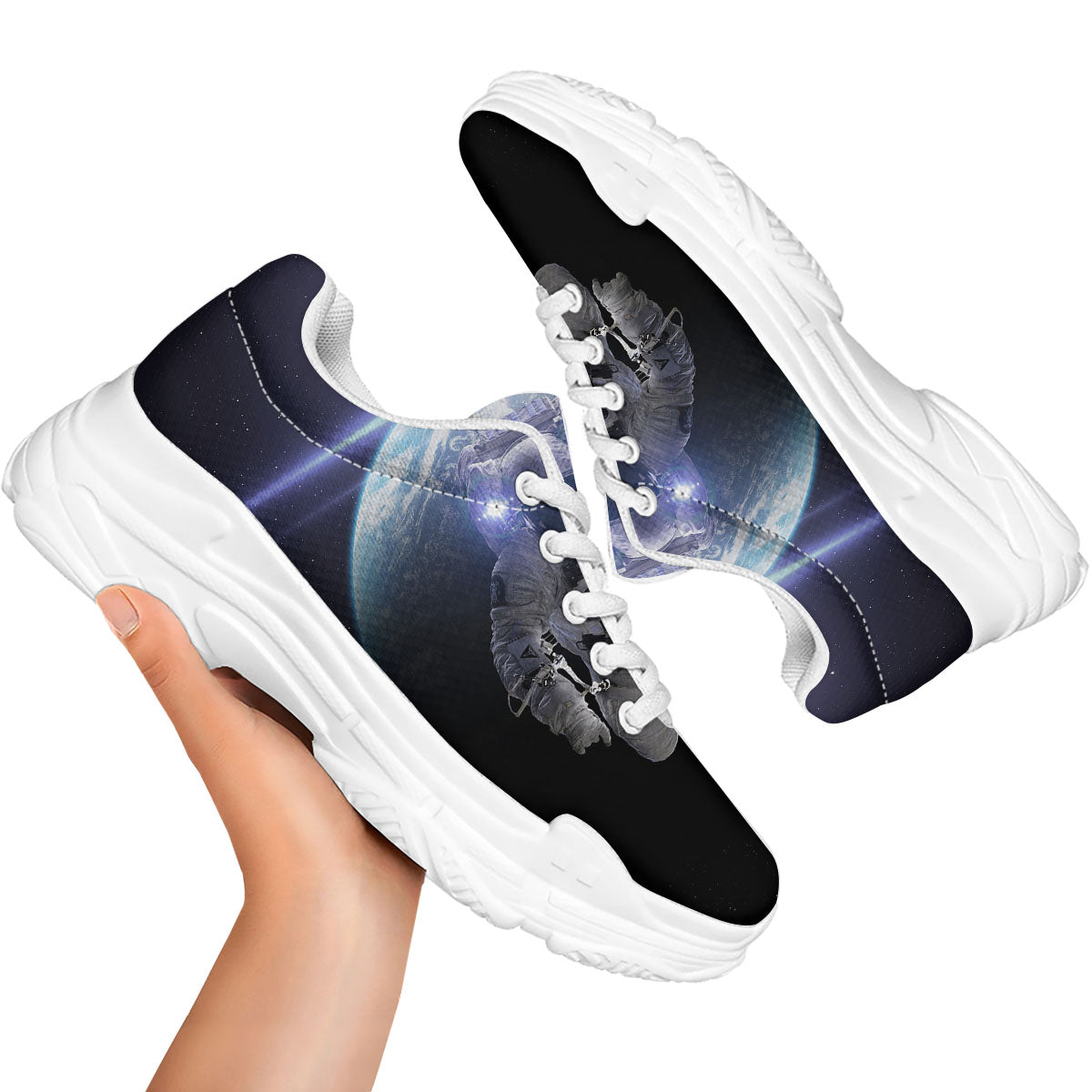 Floating Astronaut In Outer Space Print White Chunky Shoes-grizzshop