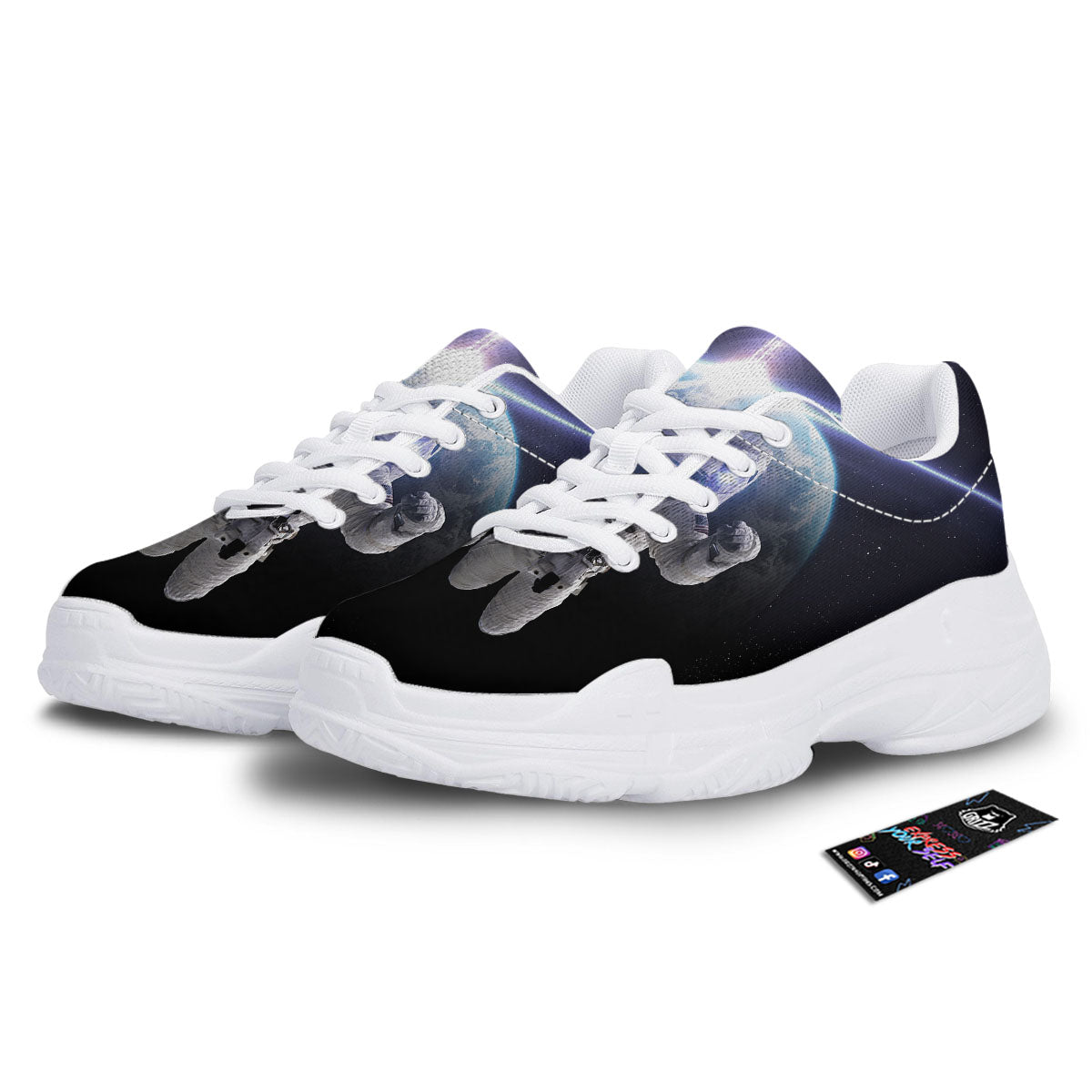 Floating Astronaut In Outer Space Print White Chunky Shoes-grizzshop