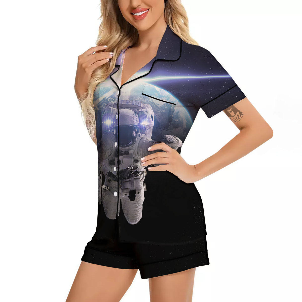 Floating Astronaut In Outer Space Print Women Silk Pajamas-grizzshop