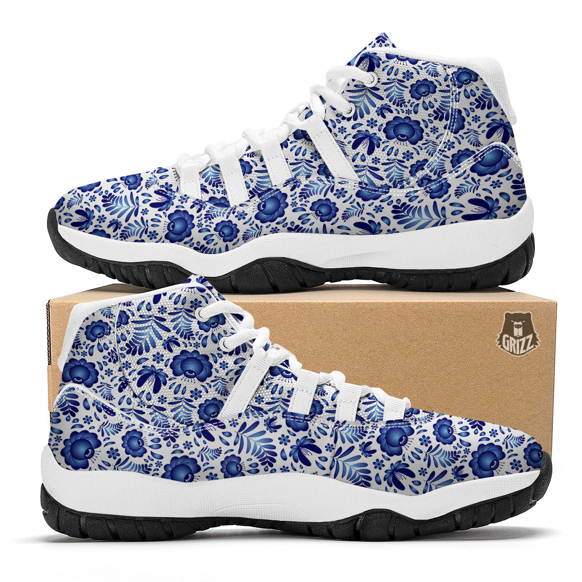 Flora And Gzhel Print Pattern White Bball Shoes-grizzshop