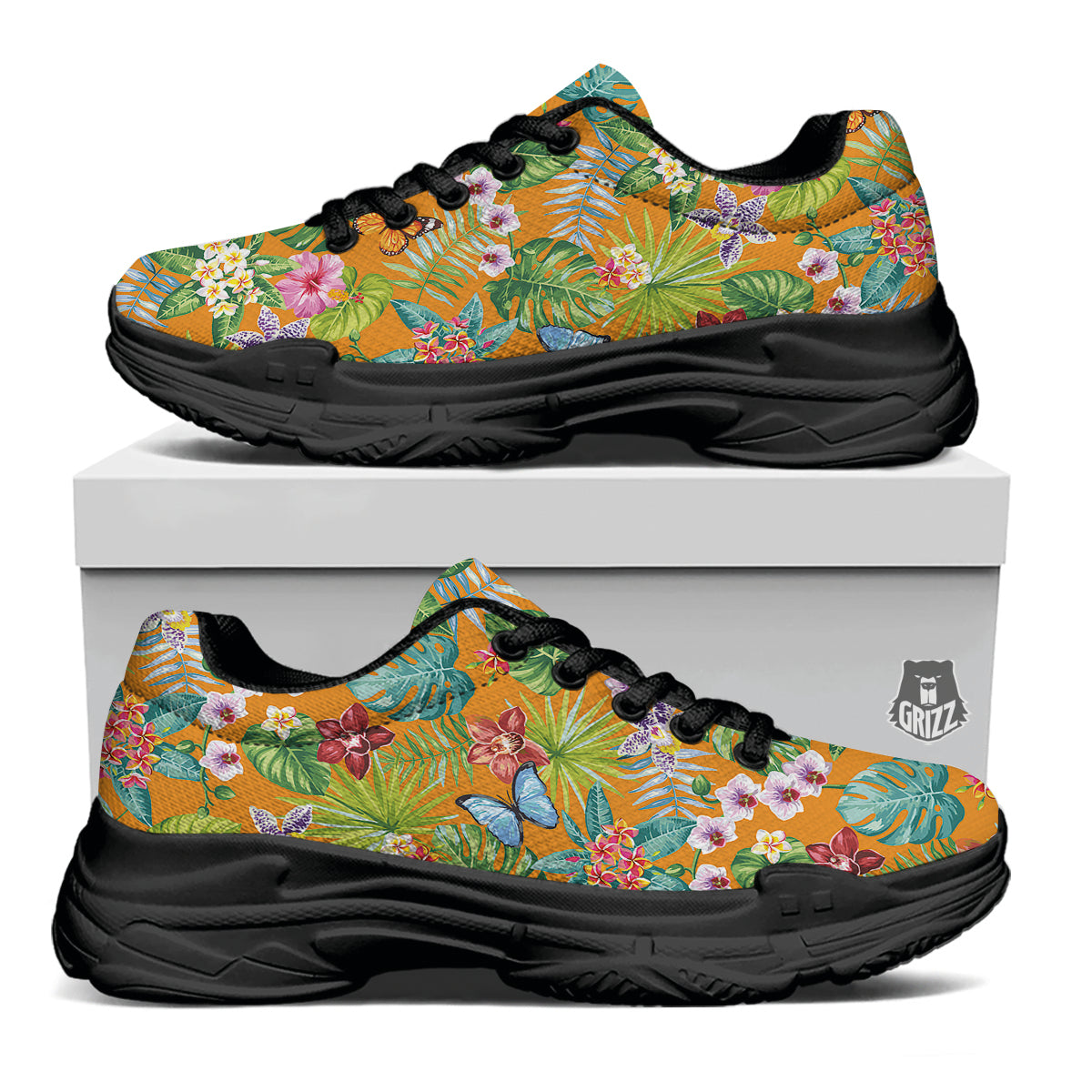 Floral Aloha Hawaii Print Pattern Black Chunky Shoes-grizzshop