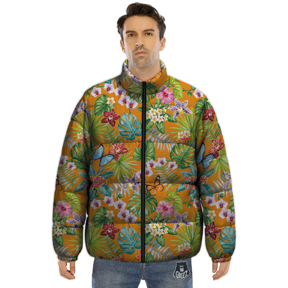 Floral Aloha Hawaii Print Pattern Puffer Jacket-grizzshop