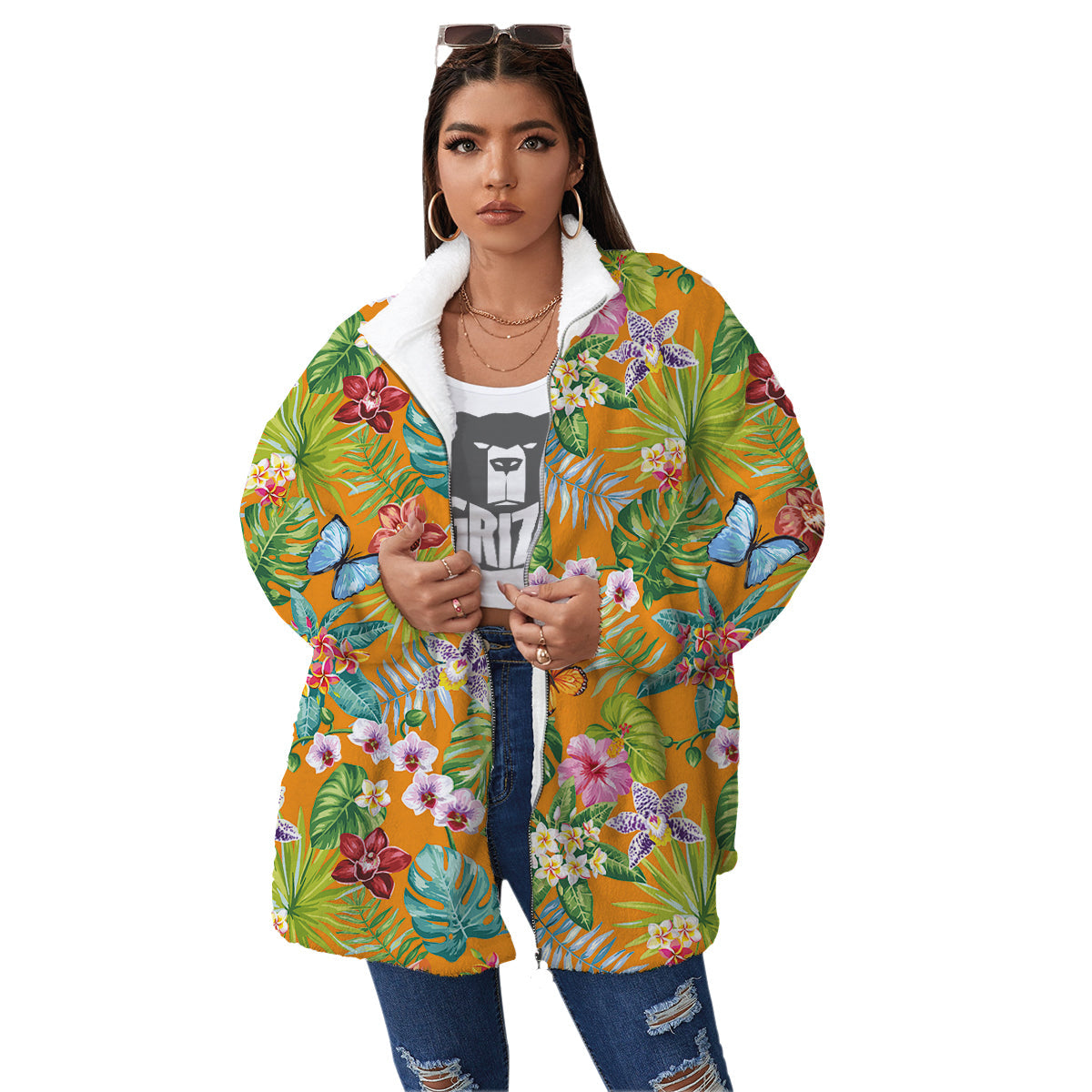 Floral Aloha Hawaii Print Pattern Women's Sherpa Jacket-grizzshop