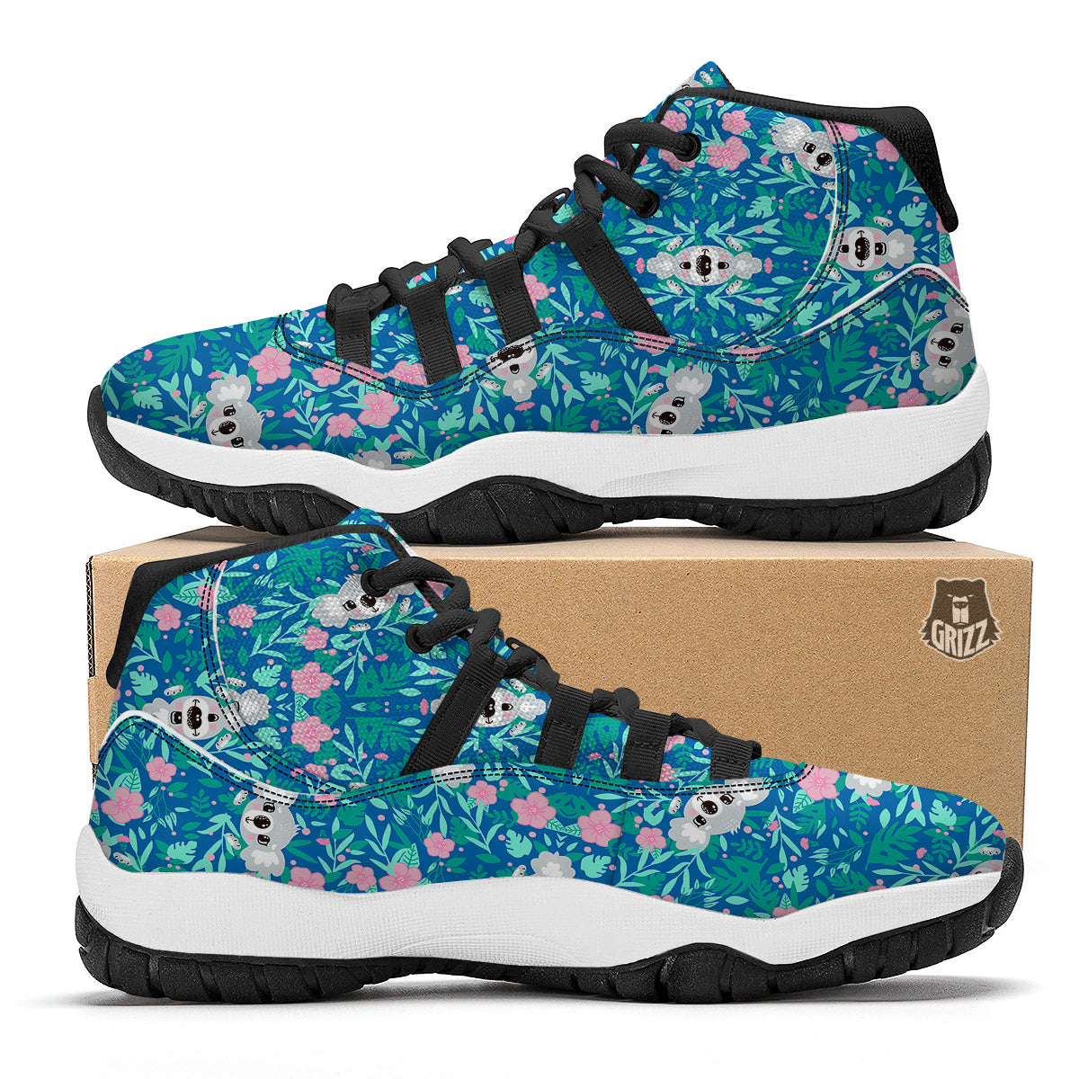 Floral And Baby Koala Print Pattern Black Bball Shoes-grizzshop
