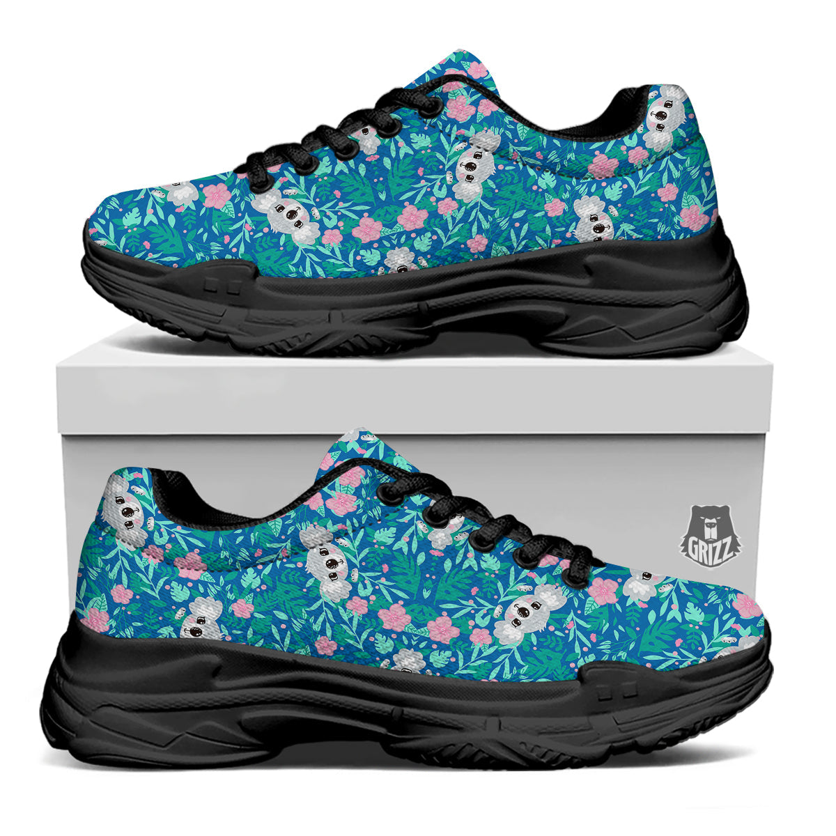 Floral And Baby Koala Print Pattern Black Chunky Shoes-grizzshop