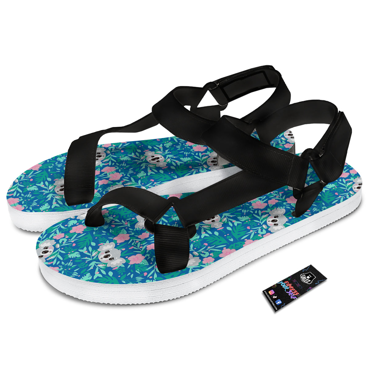 Floral And Baby Koala Print Pattern Black Open Toe Sandals-grizzshop