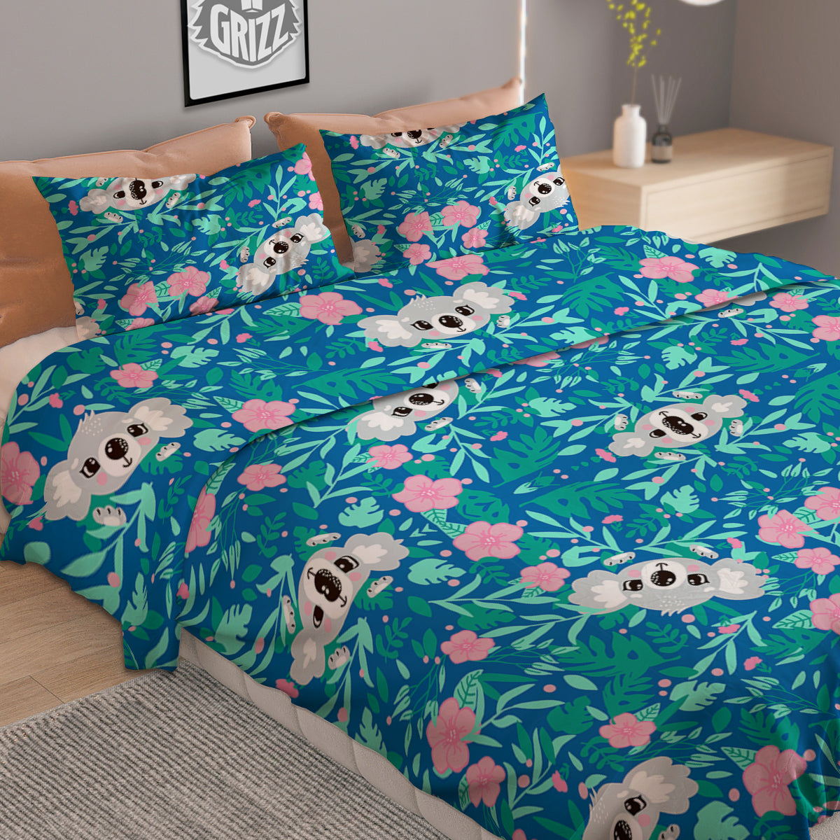 Floral And Baby Koala Print Pattern Duvet Cover Bedding Set