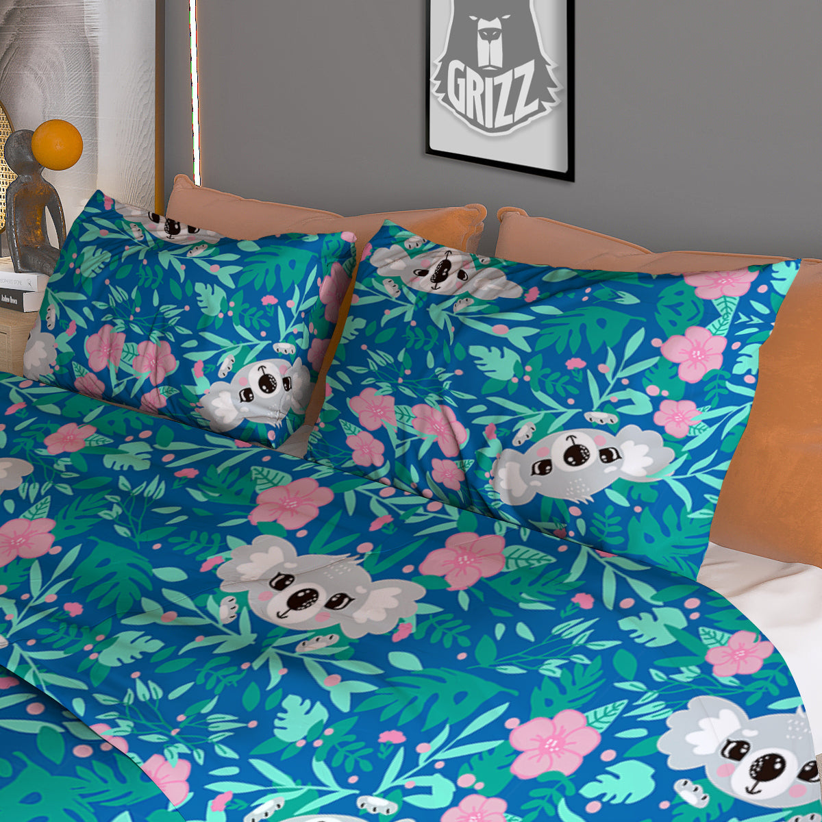 Floral And Baby Koala Print Pattern Duvet Cover Bedding Set