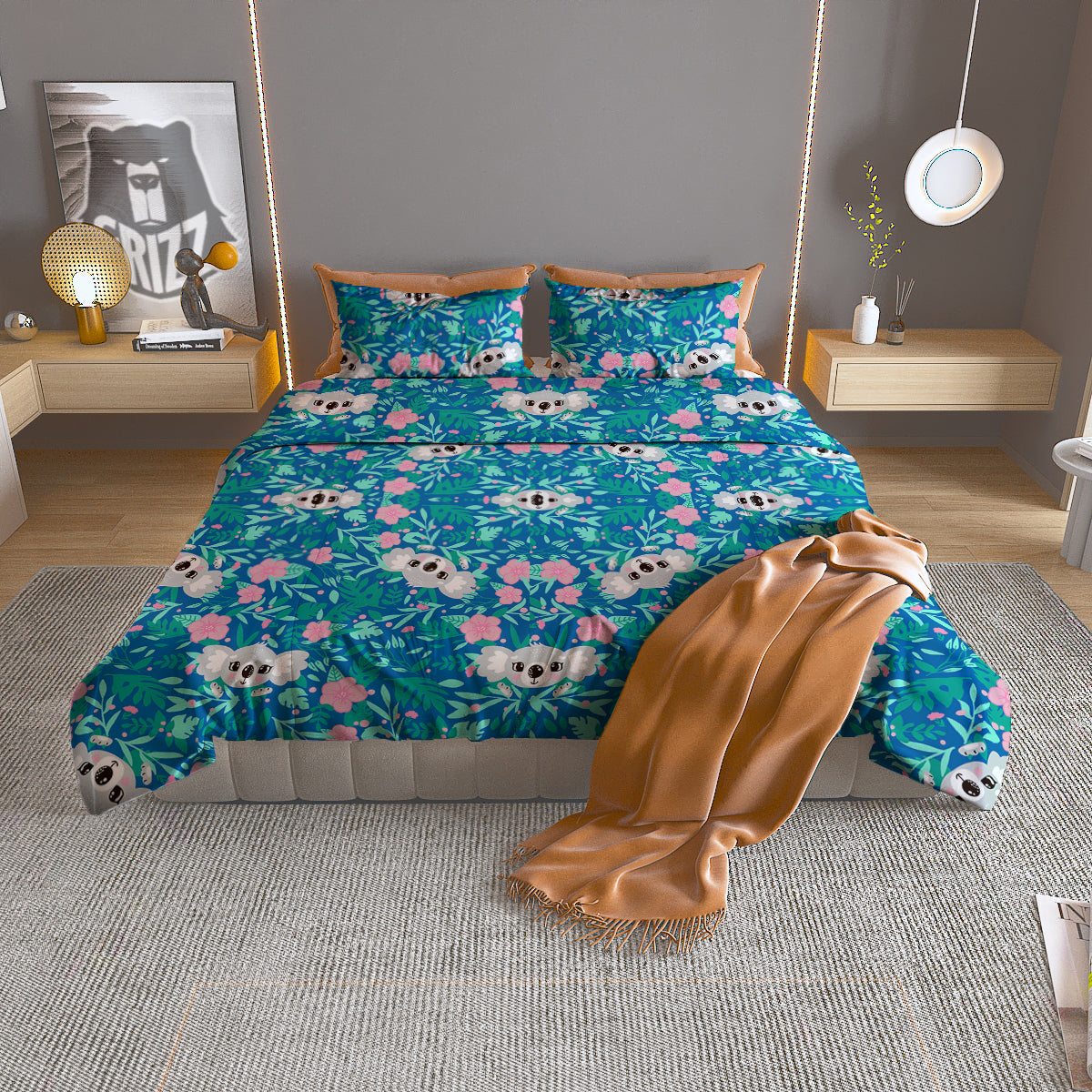 Floral And Baby Koala Print Pattern Duvet Cover Bedding Set
