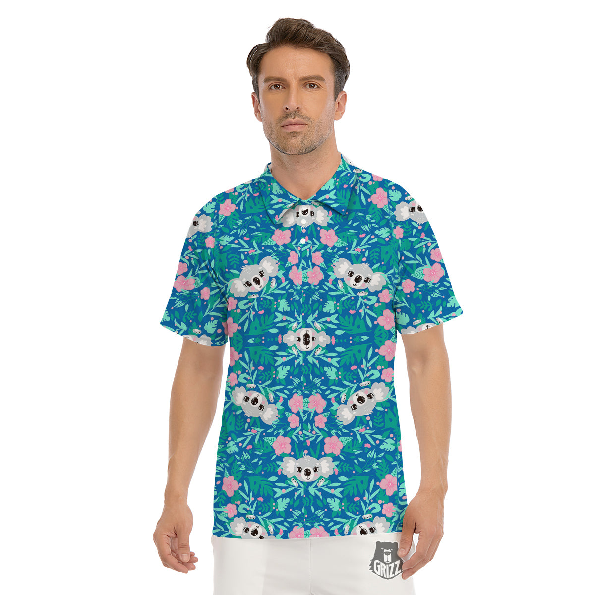 Floral And Baby Koala Print Pattern Men's Golf Shirts-grizzshop