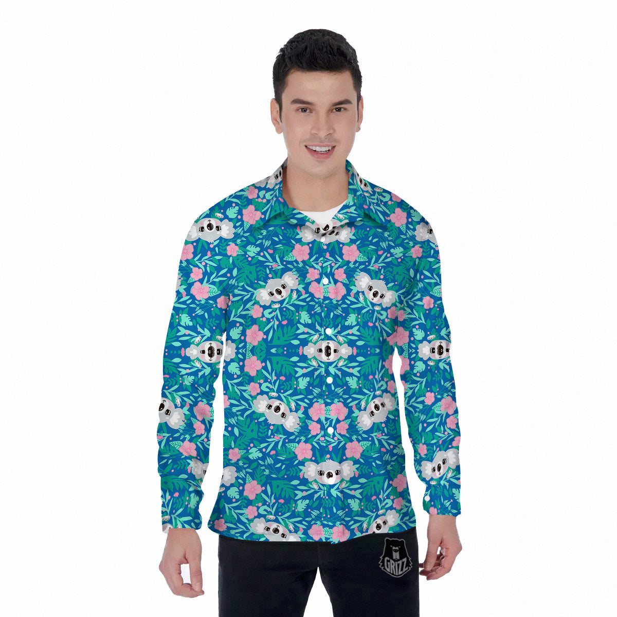 Floral And Baby Koala Print Pattern Men's Long Sleeve Shirts-grizzshop