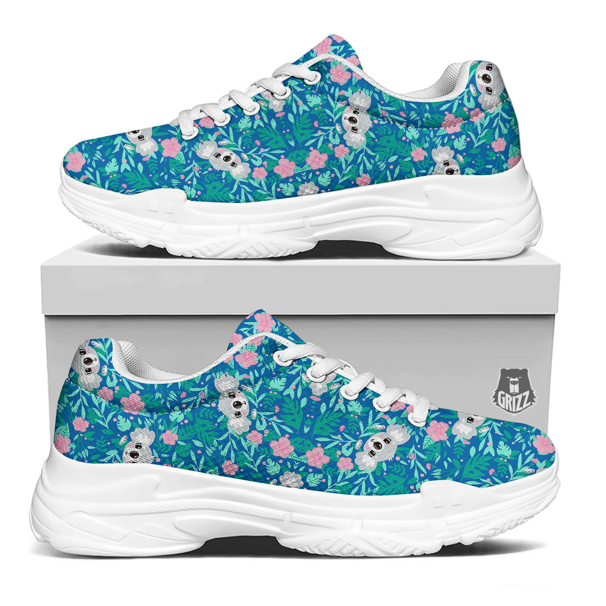 Floral And Baby Koala Print Pattern White Chunky Shoes-grizzshop
