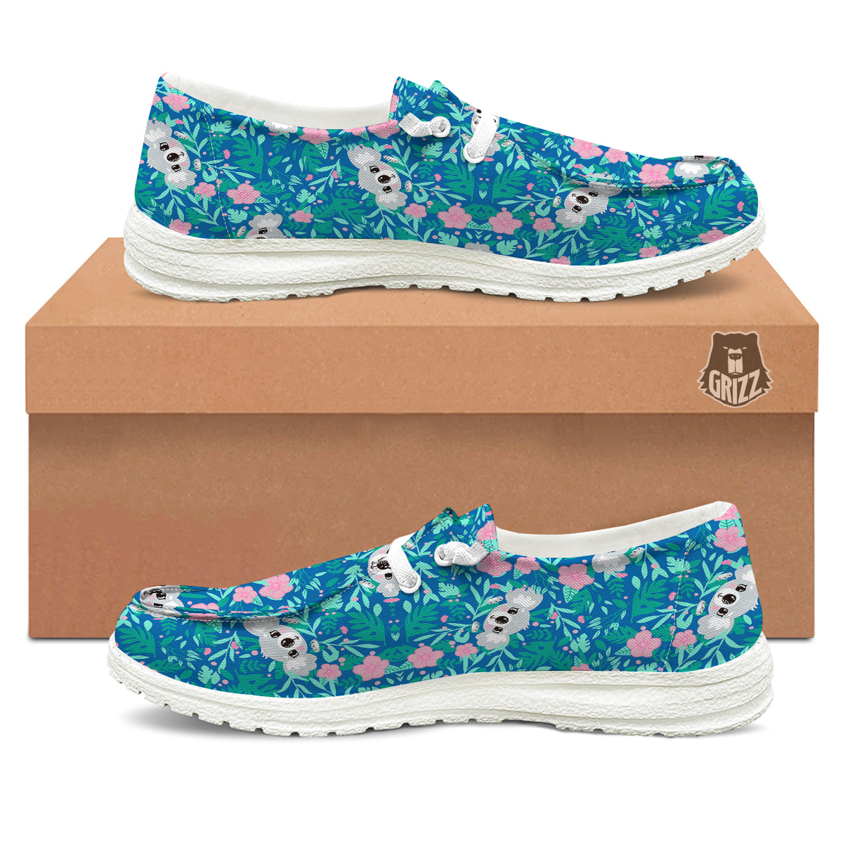 Floral And Baby Koala Print Pattern White Loafers-grizzshop