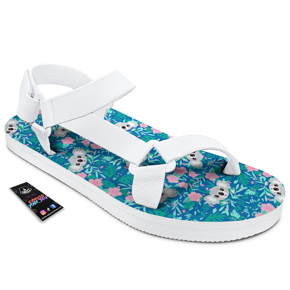 Floral And Baby Koala Print Pattern White Open Toe Sandals-grizzshop
