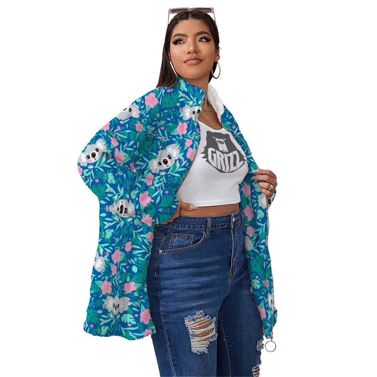 Floral And Baby Koala Print Pattern Women's Sherpa Jacket-grizzshop