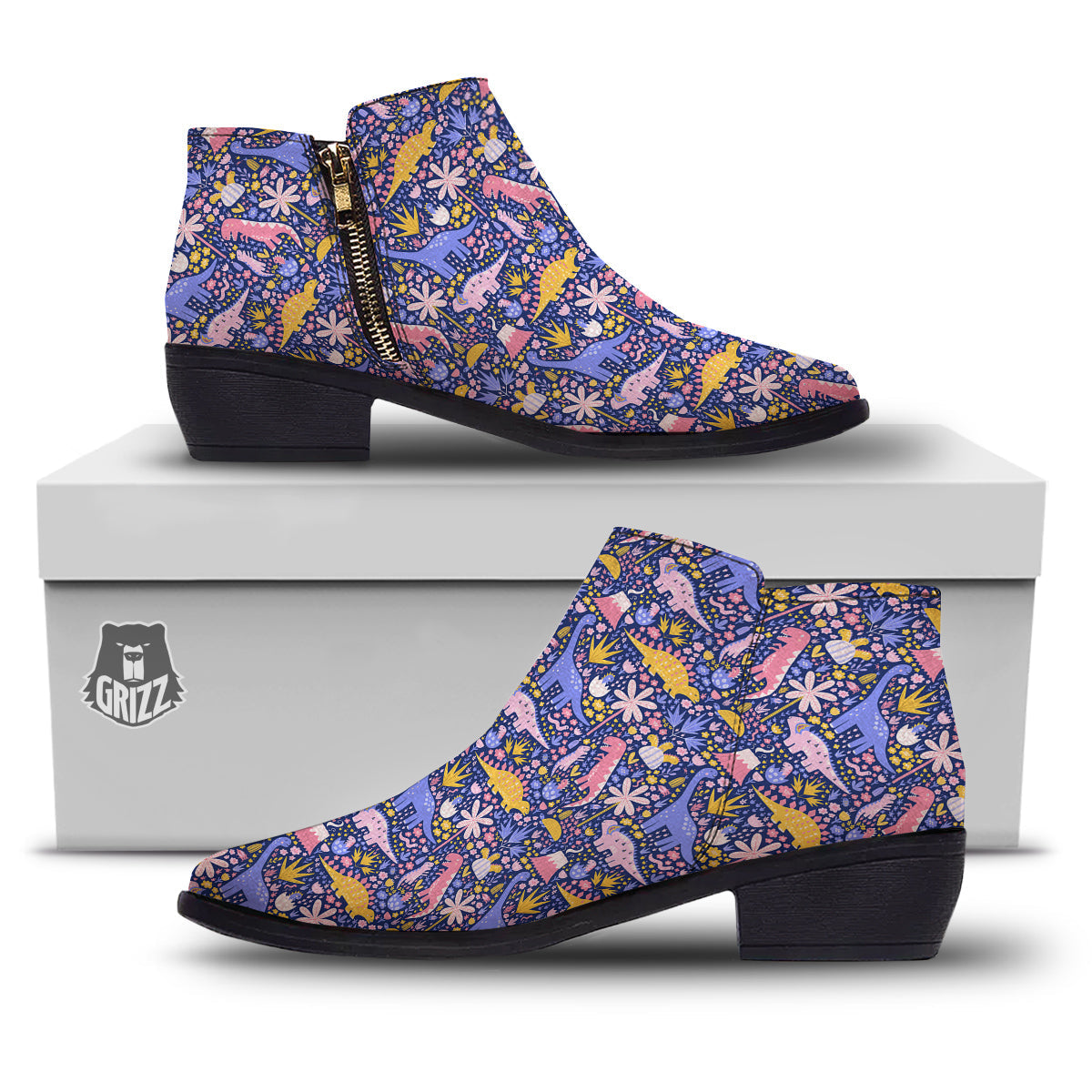 Floral And Cute Dinosaur Print Pattern Ankle Boots-grizzshop