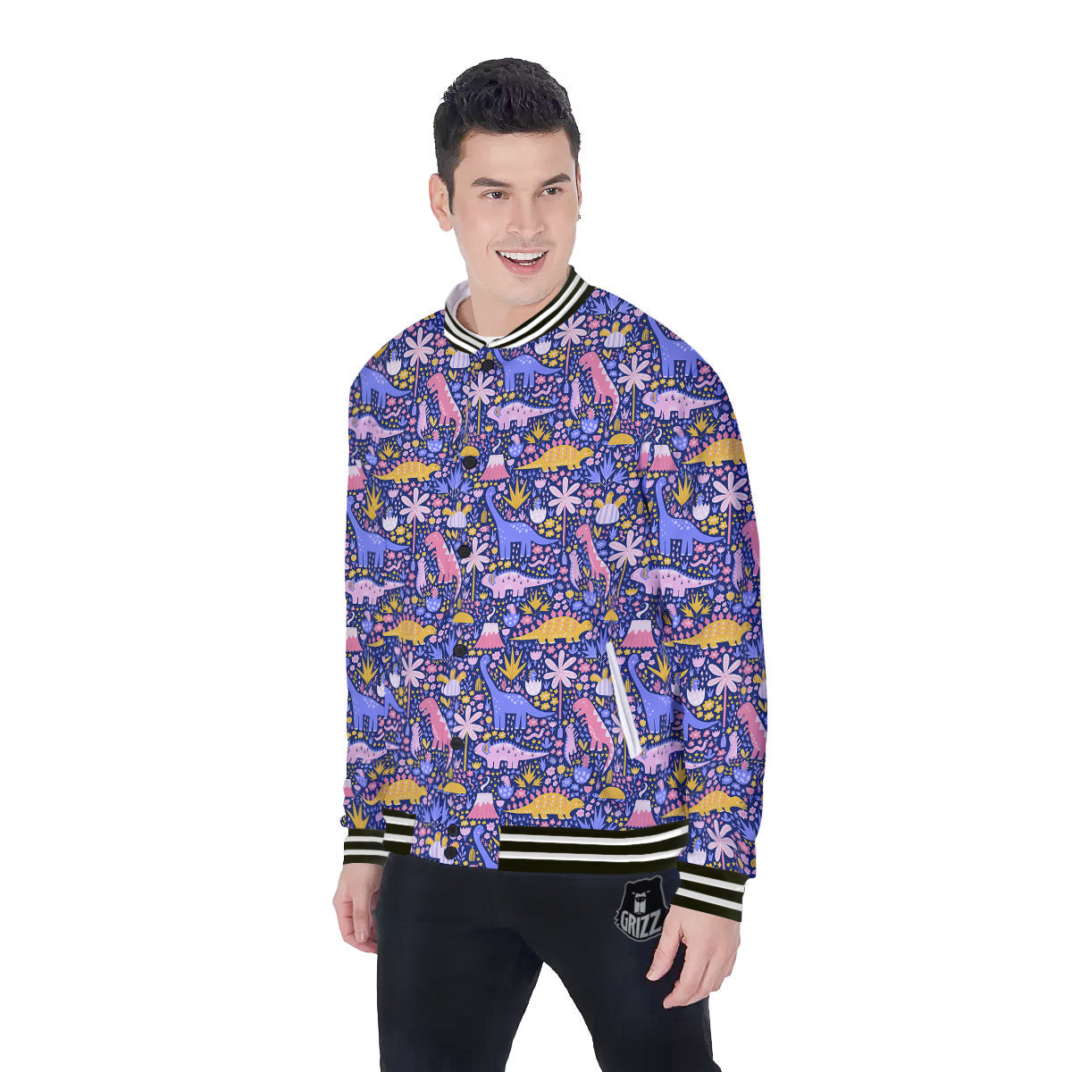Floral And Cute Dinosaur Print Pattern Baseball Jacket-grizzshop