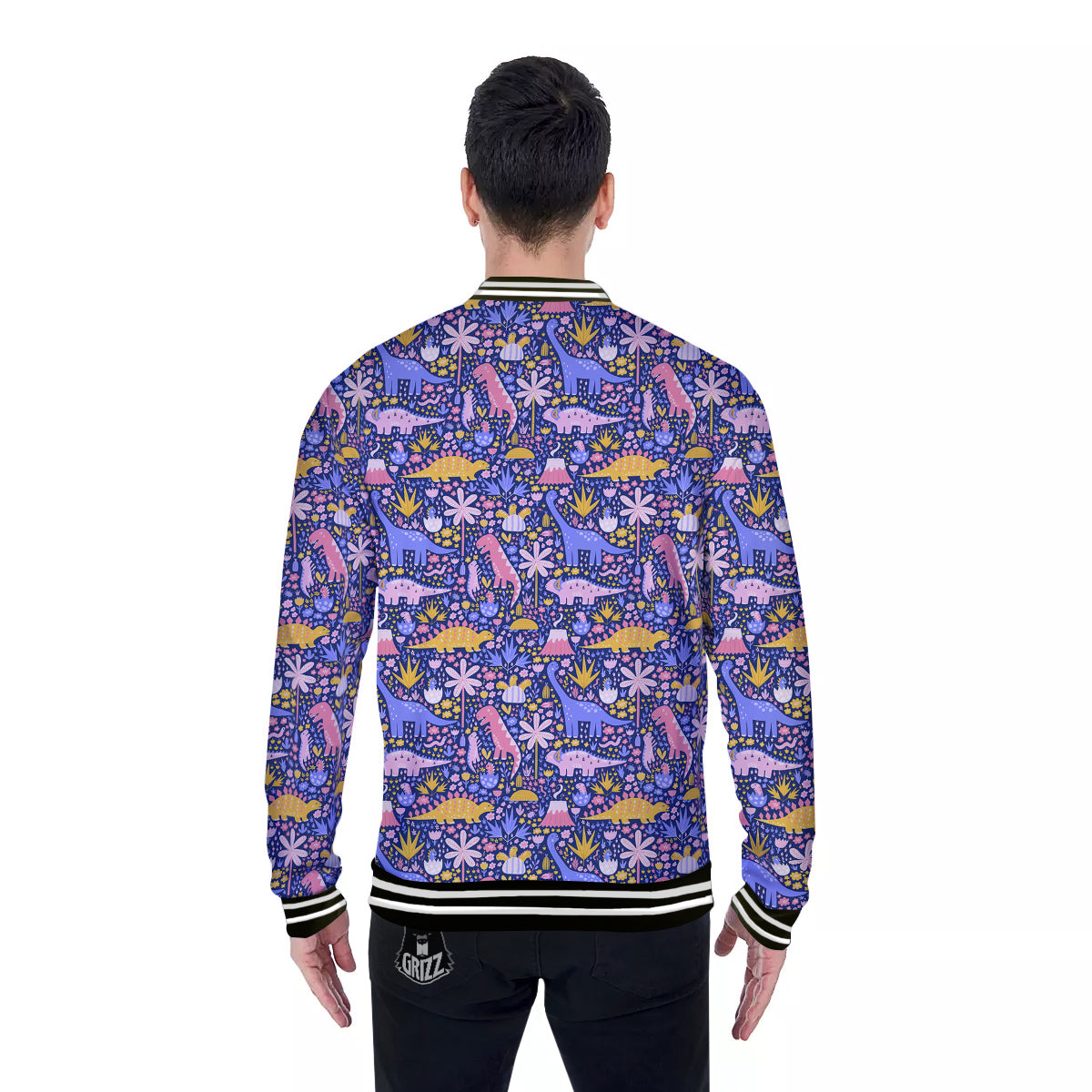 Floral And Cute Dinosaur Print Pattern Baseball Jacket-grizzshop
